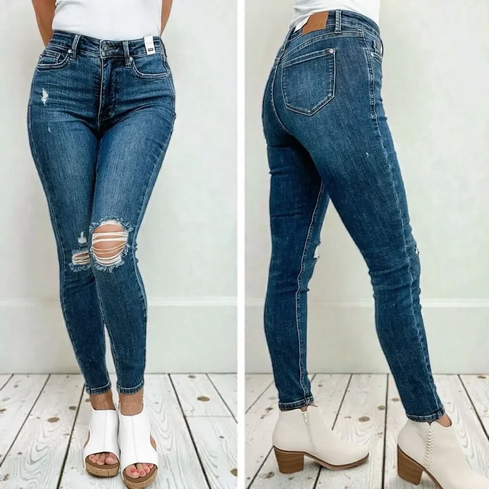 Judy Blue Mid Rise Distressed Slim Stretch Skinny Jeans Dark Wash – NWT
